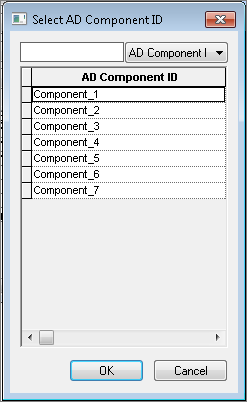 Select AD Component ID dialogue listing the entries Component_1 through Component_7 with OK and Cancel buttons