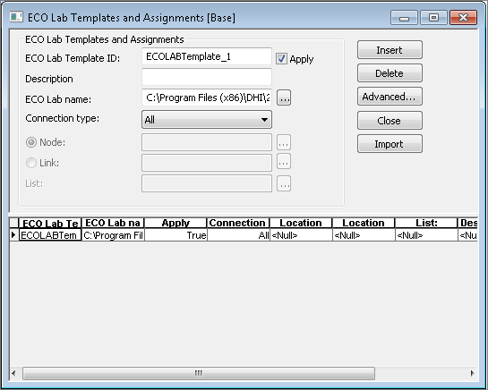 ECO Lab Templates and Assignments editor with an ECO Lab Template ID, an ECO Lab name pointing at a template file path, Connection type set to All, and Import among the buttons on the right