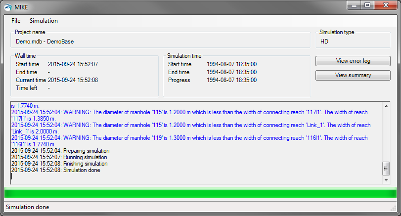 MIKE 1D Simulation Launcher window showing project name, simulation type, wall time and simulation time panels above a message panel listing timestamped manhole diameter warnings and simulation progress messages, with a green completion bar