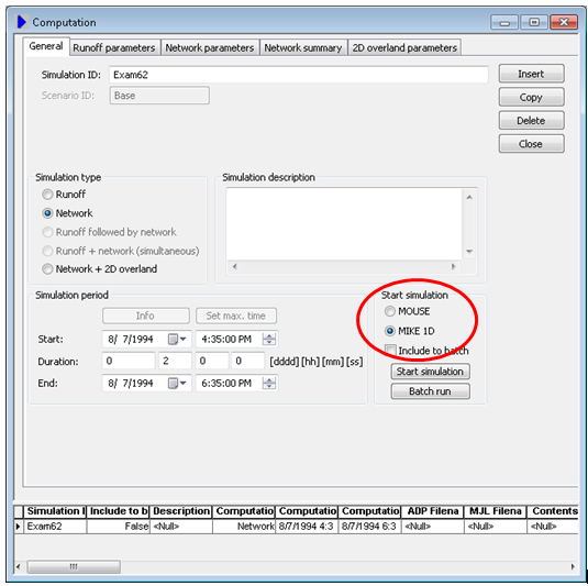 MIKE URBAN Computation dialogue on the General tab, with the Start simulation group in the lower right circled to highlight the MOUSE and MIKE 1D radio buttons, with MIKE 1D selected