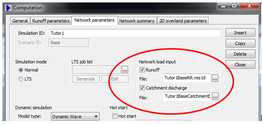 MIKE URBAN Computation dialogue on the Network parameters tab, with the Network load input group circled showing the Runoff and Catchment discharge checkboxes each with a result file path