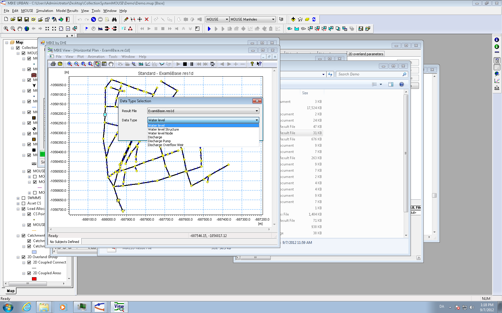 MIKE View Horizontal Plan window over a MIKE URBAN session, with the Data Type Selection dialogue open and its Data Type drop-down expanded to list Water level, Water level Structure, Water level Node, Discharge, Discharge Pump and Discharge Overflow Weir
