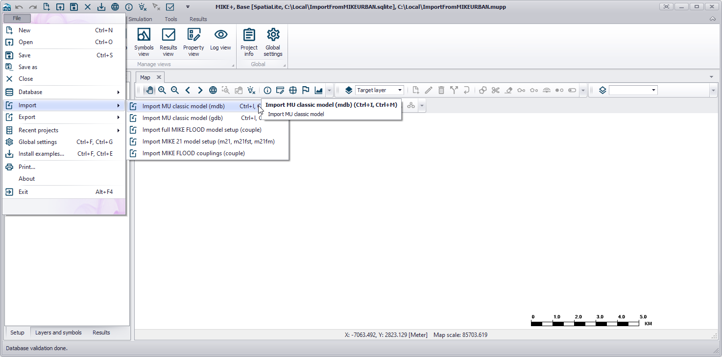 MIKE+ File menu with Import highlighted, its submenu listing Import MU classic model for mdb and gdb, Import full MIKE FLOOD model setup, Import MIKE 21 model setup and Import MIKE FLOOD couplings