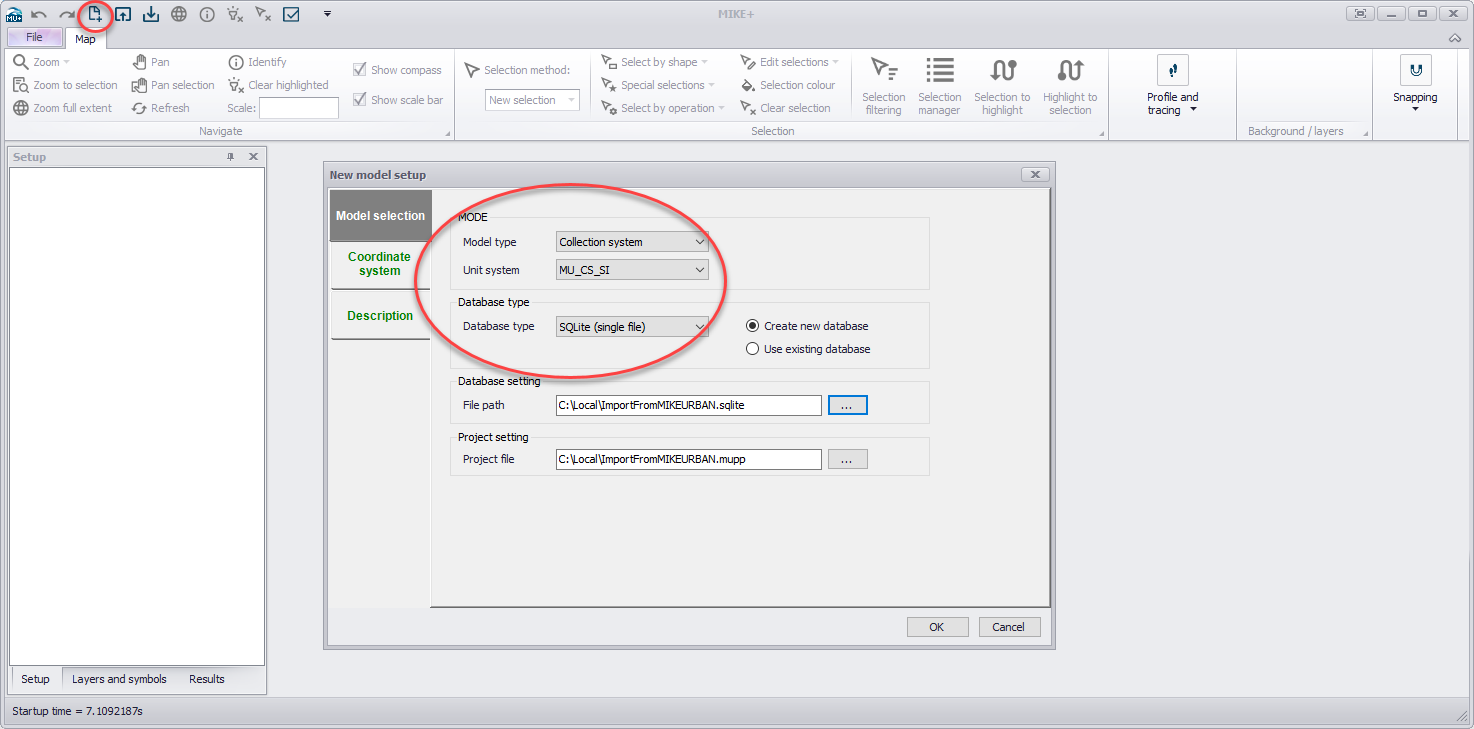 MIKE+ New model setup dialogue with the Mode and Database type groups circled, showing Model type set to Collection system, Unit system set to MU_CS_SI and Database type set to SQLite single file with Create new database selected